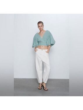 Zara Blogger Mint Voluminous Balloon Sleeve Smocked Crop Top
